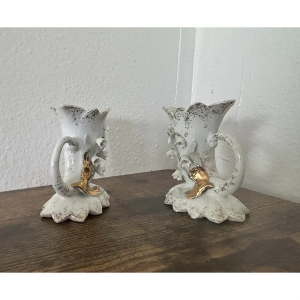 PAIR 2-PC Vintage Lefton China #285 Hand Painted 3D‎ Floral Candle Stick Holders